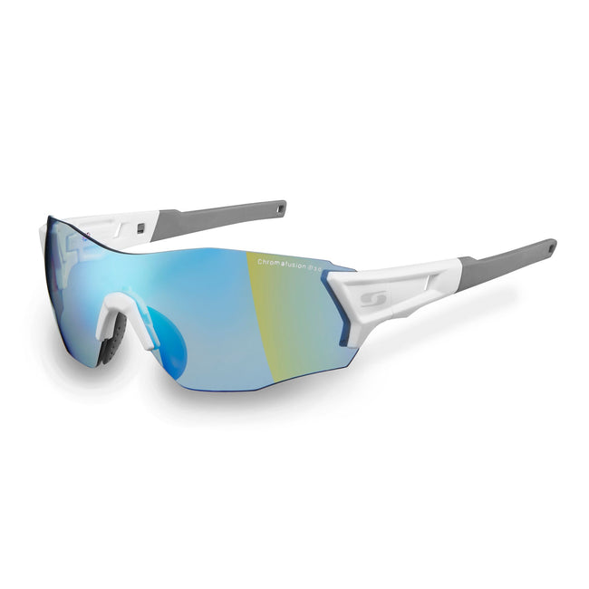 Escalade sport sunglasses with wrap around frame and lense with white and grey arms